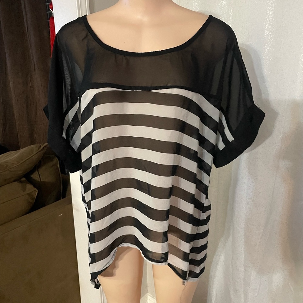 Dots striped sheer shirt blouse top woman size XL beetle juice short sleeve